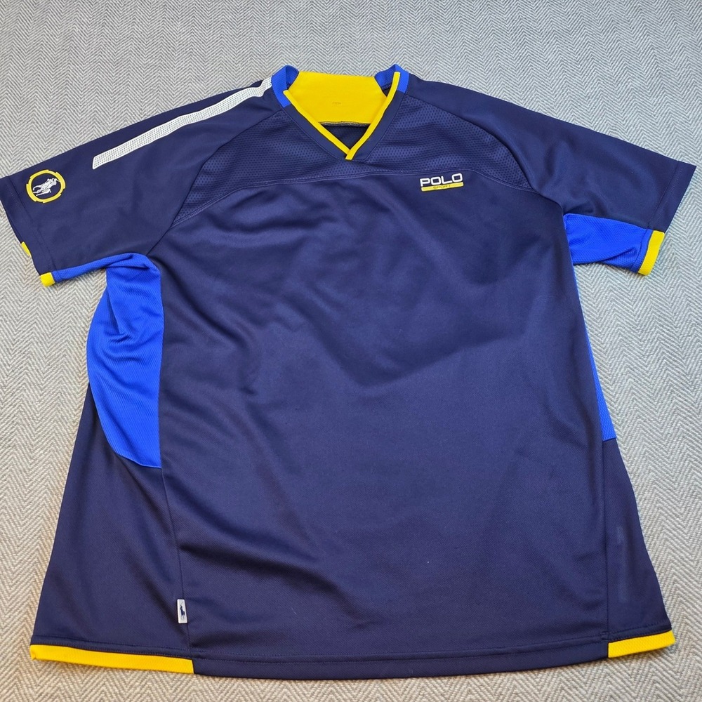 Polo Sport Ralph Lauren Men Navy Blue Yellow V-Neck Athletic Jersey Shirt L